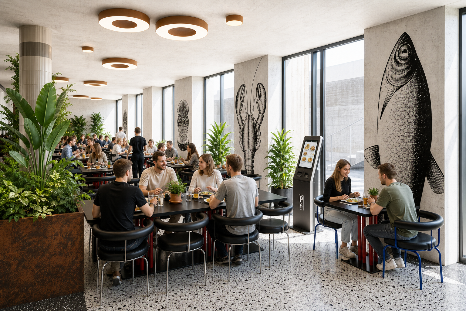 PERON 6 Food Hall interior visualisation with an ordering kiosk